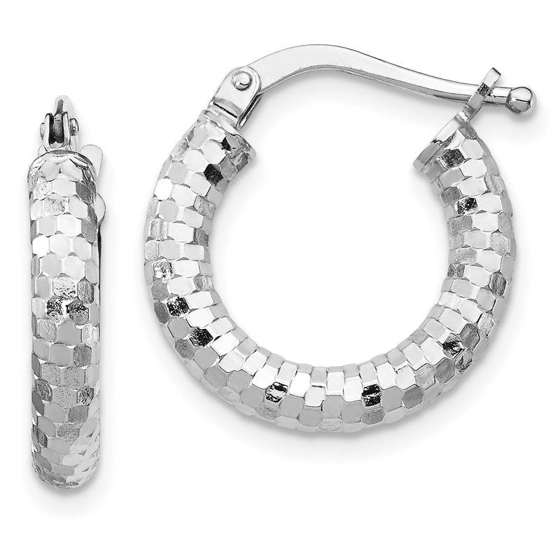 14k White Gold 3x10mm Diamond-cut Hoop Earrings