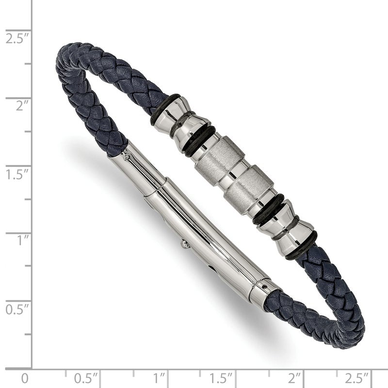 Stainless Steel Brushed and Polished Black IP-plated with Rubber Blue Braided Leather Adjustable 7.75 to 8.25 inch Bracelet