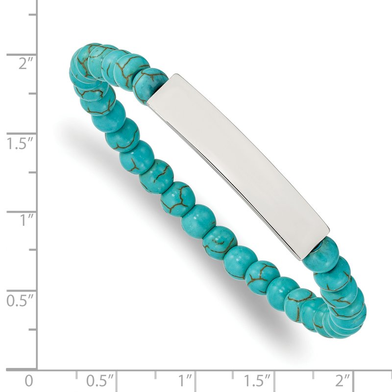 Stainless Steel Polished ID Plate 6mm Reconstructed Turquoise Beaded Stretch Bracelet