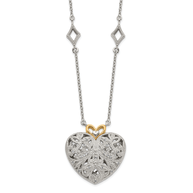 Sterling Silver Rhodium-plated with 14K Accent 18 Inch Diamond Vintage Heart Necklace