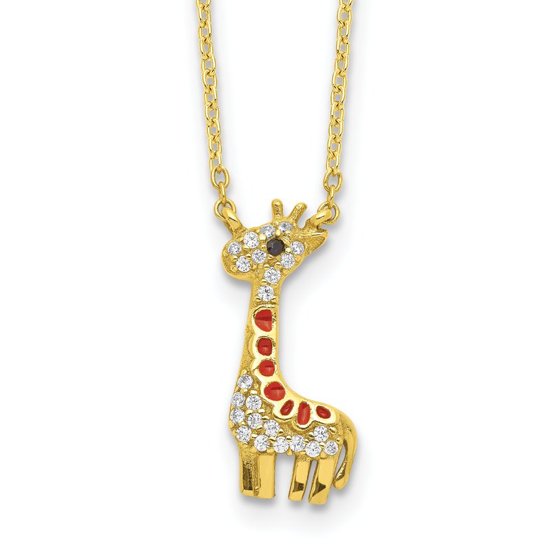 Sterling Silver Gold-plated Enameled and Brilliant-cut Black and White CZ Giraffe 18.25 Inch Necklace