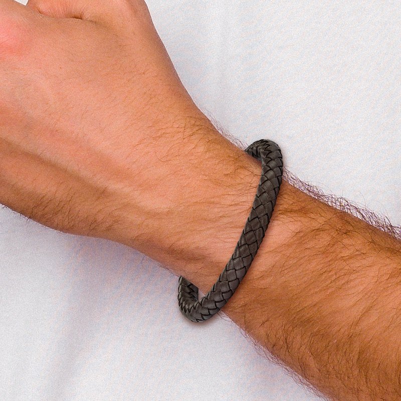 Stainless Steel Brushed Brown Braided Leather 8.25 inch Bracelet