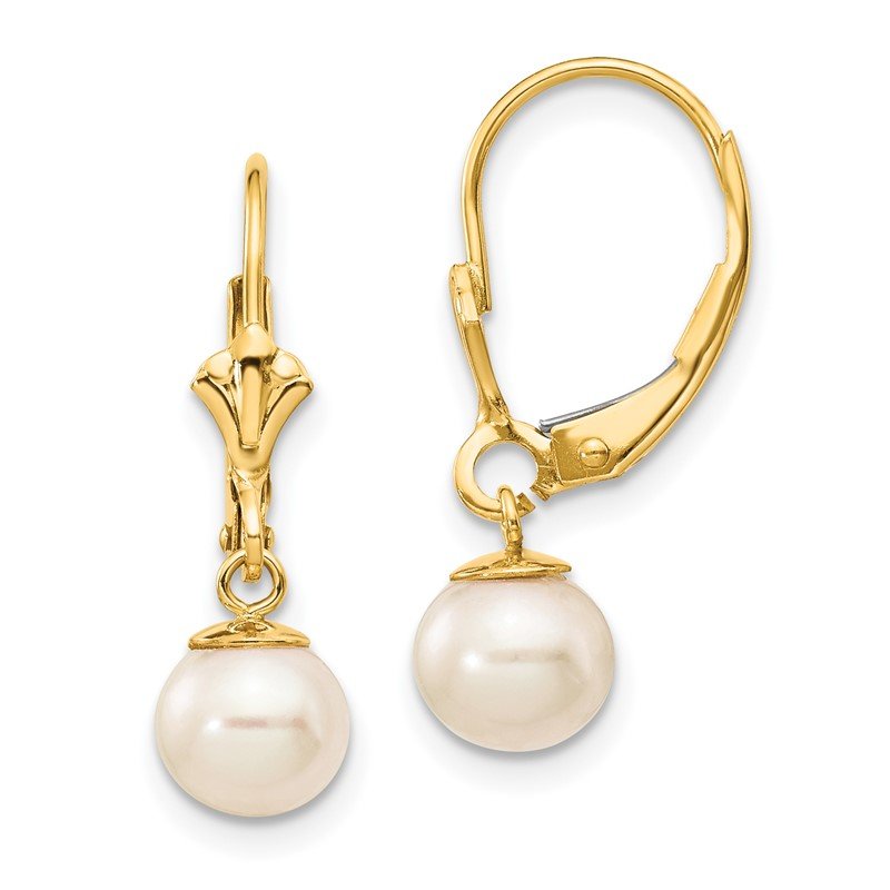 14k 6-7mm White Round Freshwater Cultured Pearl Dangle Leverback Earrings