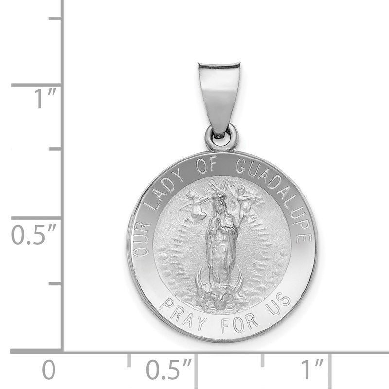 14K White Gold Polished and Satin Hollow Our Lady of Guadalupe Medal Round Pendant