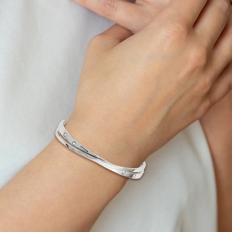 Stainless Steel Polished with Crystals Adjustable Bangle Bracelet