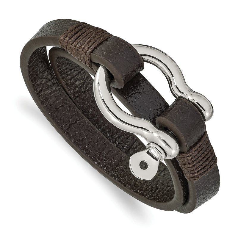 Stainless Steel Polished Shackle Brown Leather 16 inch Wrap Bracelet
