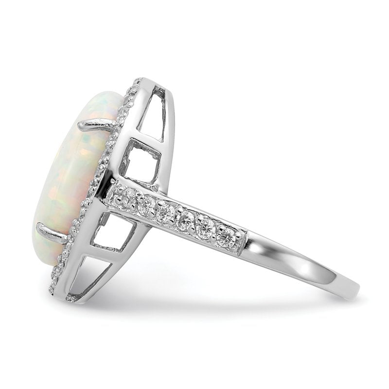 Sterling Silver Rhodium-plated Cabochon Lab Created Opal and Brilliant-cut CZ Oval Halo Ring