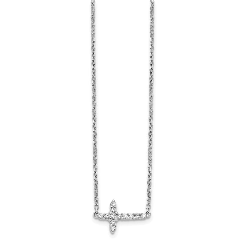 14k White Gold 1/10 carat Diamond Sideways Cross 18 inch Necklace