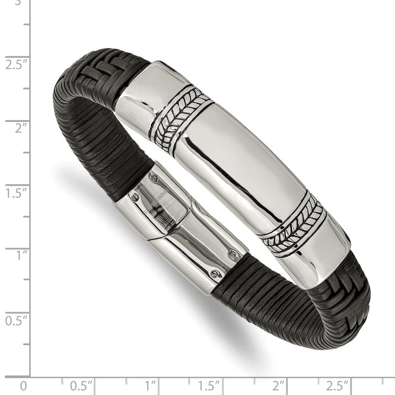 Stainless Steel Antiqued and Polished Black Woven Leather 8.25 inch ID Bracelet