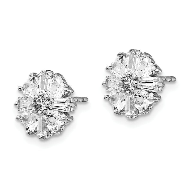 Sterling Silver Rhodium-plated Emerald-cut and Brilliant-cut CZ Cluster Post Earrings