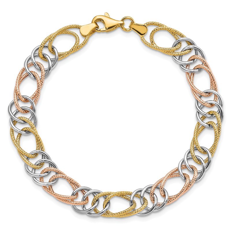 14k Tri-color Polished and Textured 8.5mm Fancy Double Link 7.25 inch Bracelet