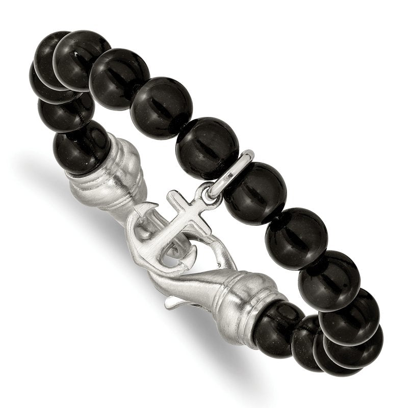 Stainless Steel Brushed Anchor Black Agate Beaded 8 inch Bracelet