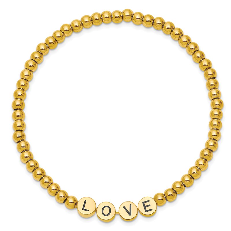 Stainless Steel Antiqued and Polished Yellow IP-plated LOVE 4mm Beaded Stretch Bracelet