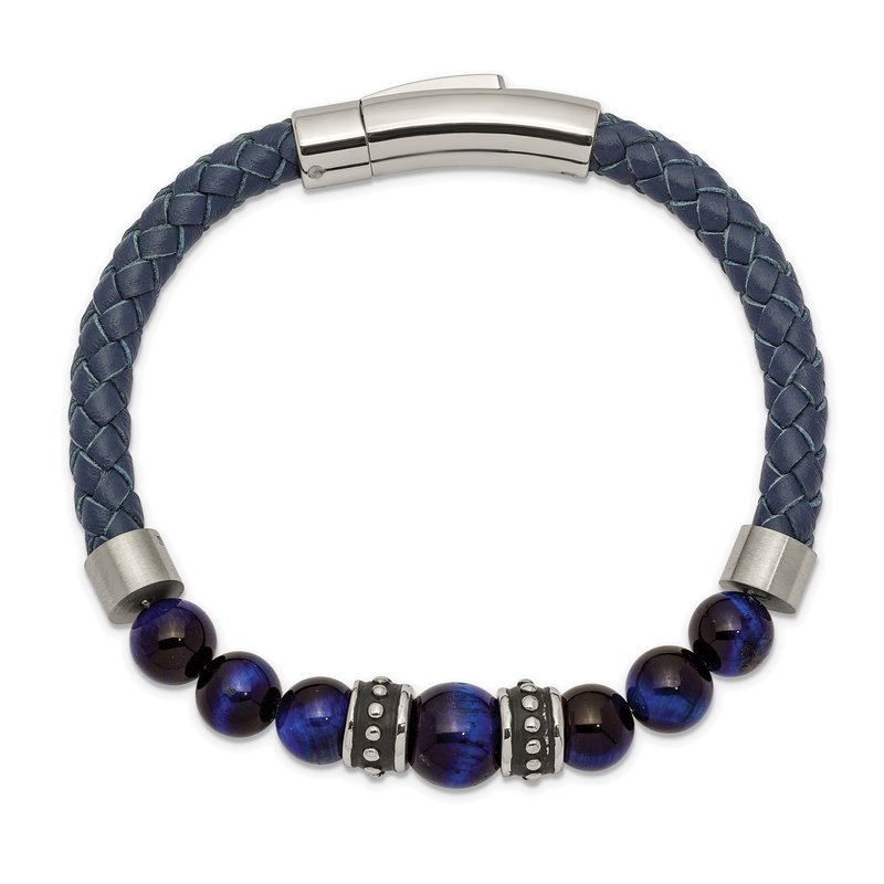 Stainless Steel Antiqued and Polished Blue Tiger's Eye Beads Blue Leather 8.25 inch Bracelet