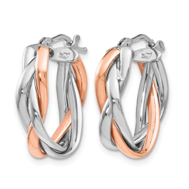 14K with White Rhodium and Rose Gold Plating Polished Hinged Hoop Earrings