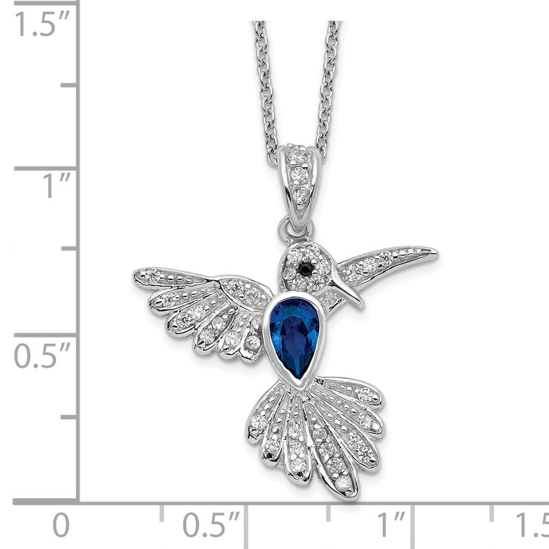 Sterling Silver Rhodium-plated Brilliant-cut Lab Created Dark Blue Spinel and Brilliant-cut White CZ Hummingbird 18 Inch Necklace