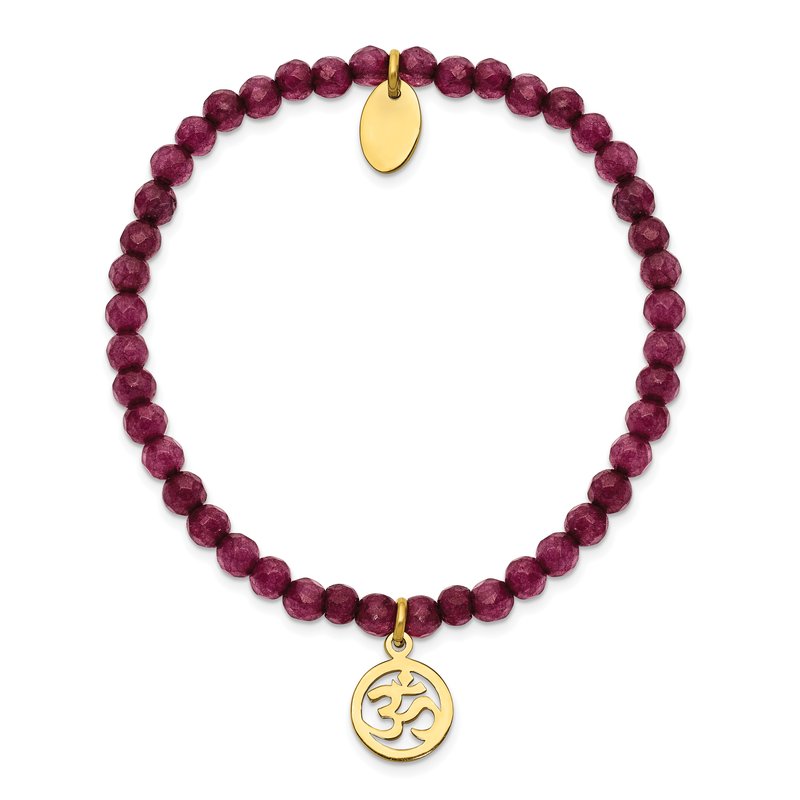 Stainless Steel Polished Yellow IP-plated OHM 4mm Purple Jade Beaded Stretch Bracelet