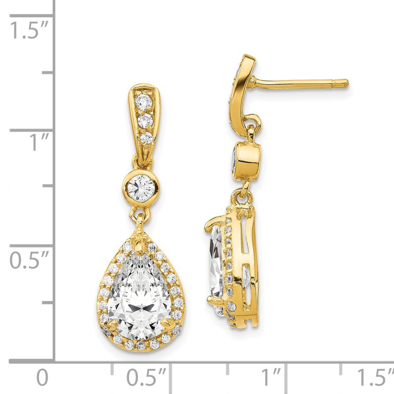 Sterling Silver Gold-plated Brilliant-cut CZ Teardrop and Bezel Halo Post Dangle Earrings