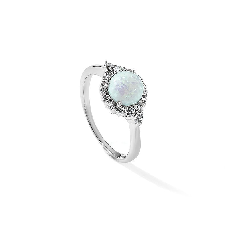 Sterling Silver Rhodium-plated Cabochon Lab Created Opal and Brilliant-cut CZ Ring