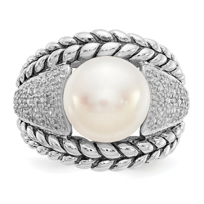 Sterling Silver Antiqued Freshwater Cultured Pearl and Diamond Ring