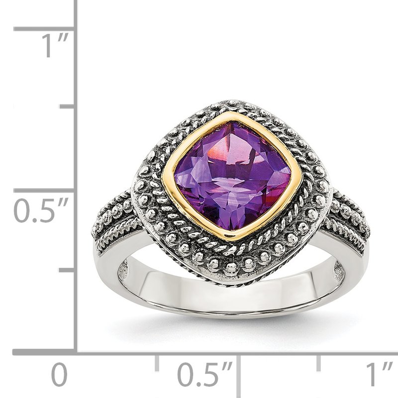 Sterling Silver with 14K Accent Antiqued Cushion Bezel Amethyst Ring