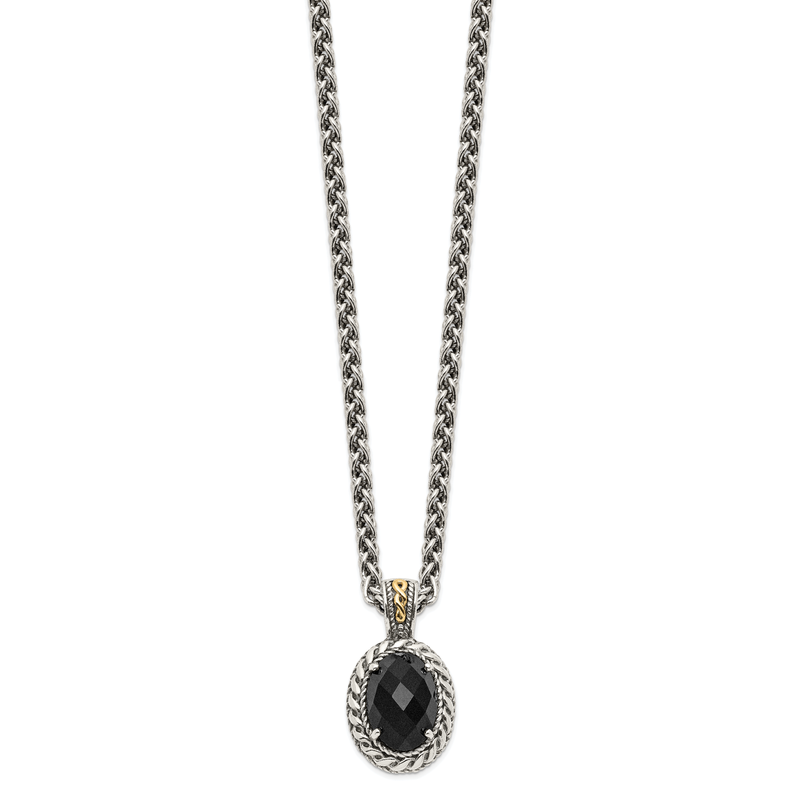 Sterling Silver with 14K Accent 18 Inch Antiqued Checkerboard-cut Black Onyx Necklace