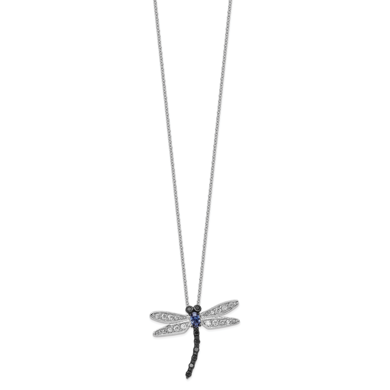 Sterling Silver Rhodium-plated with Black Rhodium Accent Brilliant-cut Black White and Blue CZ Dragonfly 18 Inch Necklace