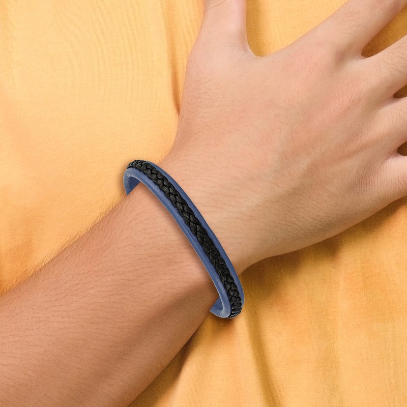 Stainless Steel Polished Blue and Black Faux Leather 8.25 inch Bracelet