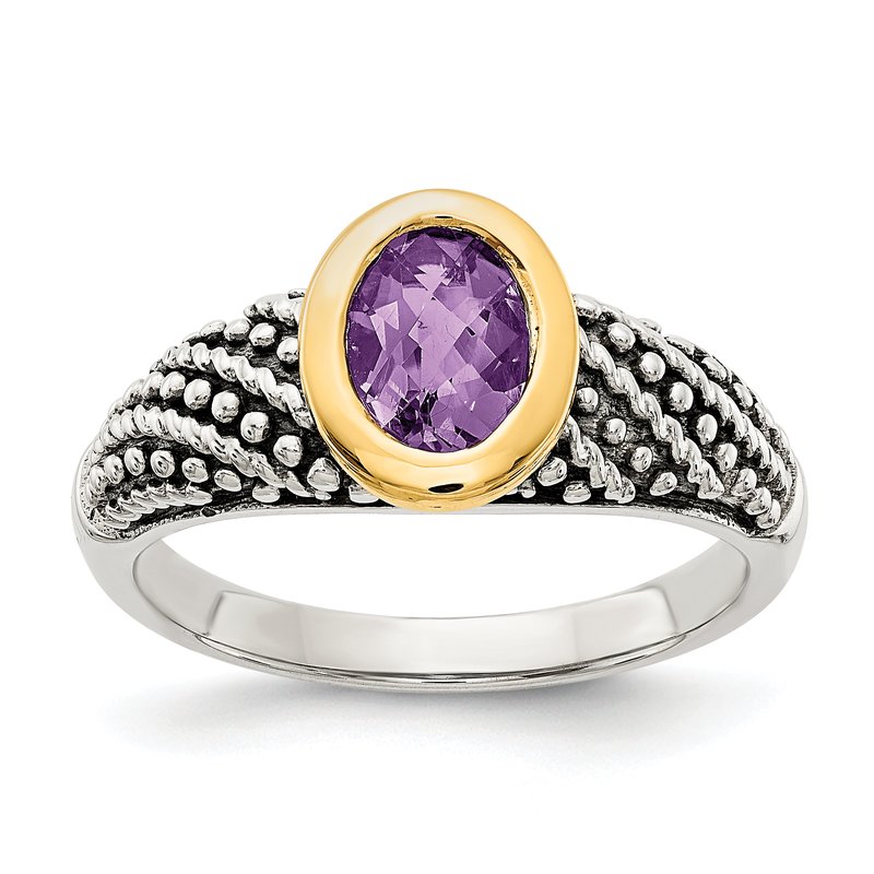 Sterling Silver with 14K Accent Antiqued Oval Bezel Amethyst Ring