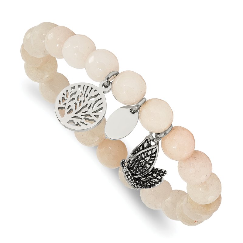 Stainless Steel Antiqued and Polished Butterfly and Tree of Life 8mm White Jade Beaded Stretch Bracelet