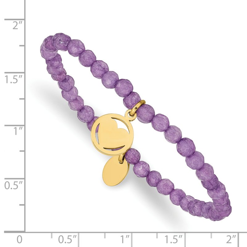 Stainless Steel Polished Yellow IP-plated Heart 4mm Light Purple Jade Beaded Stretch Bracelet