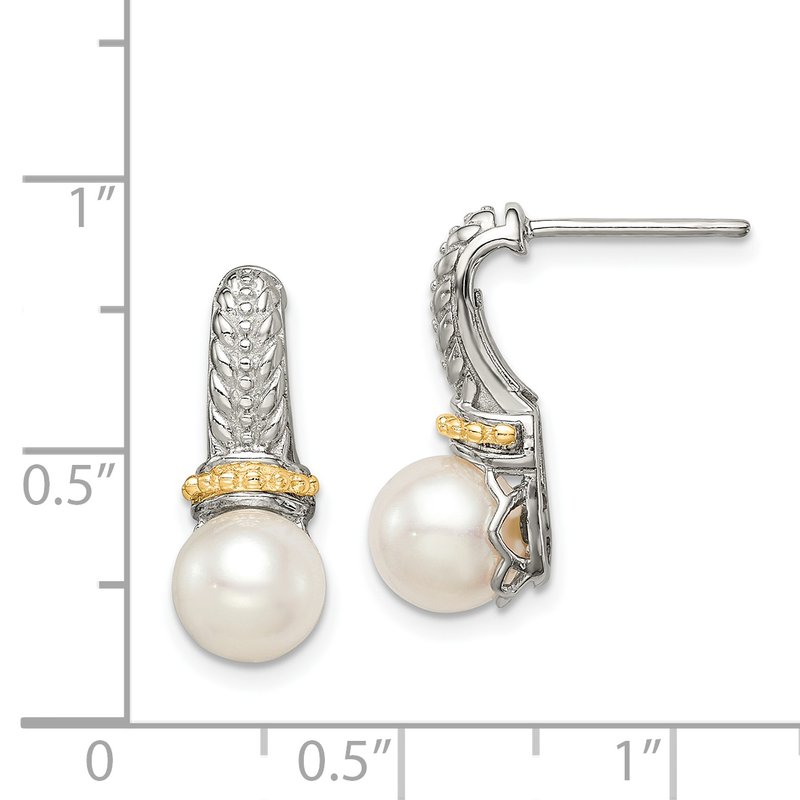 Sterling Silver Rhodium-plated with 14K Accent 7-8mm Freshwater Cultured Pearl Post Dangle Earrings