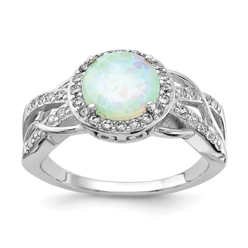Sterling Silver Rhodium-plated Cabochon Lab Created Opal and Brilliant-cut CZ Woven Pattern Ring