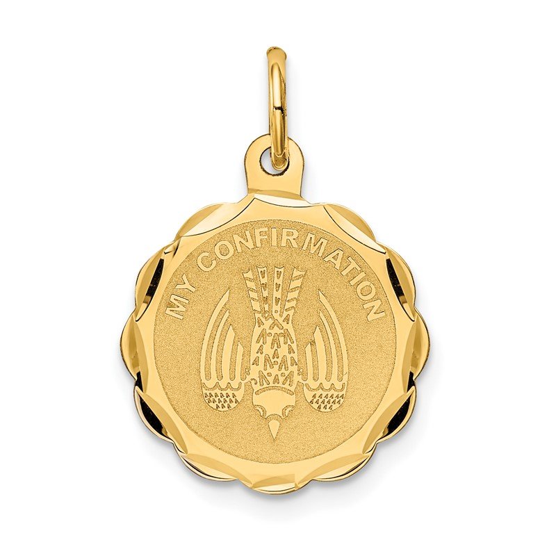 14k Polished and Satin Solid MY CONFIRMATION with Dove Scalloped Edge Round Disc Pendant
