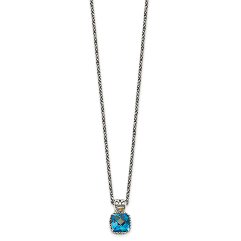 Sterling Silver with 14K Accent 18 Inch Antiqued Cushion London Blue Topaz Necklace