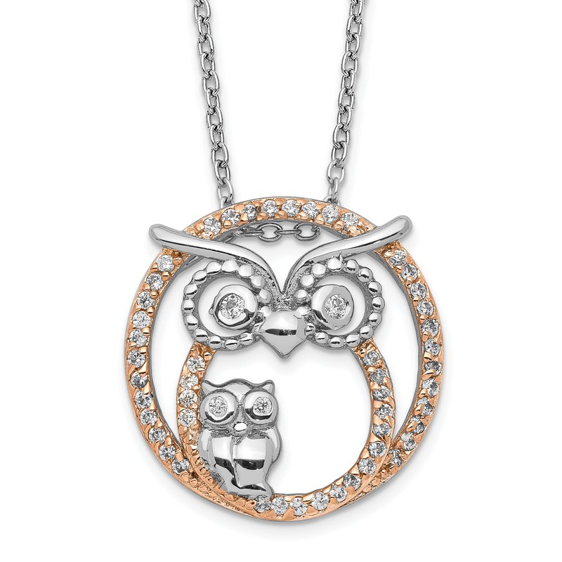 Sterling Silver Rhodium-plated and Rose Gold-plated Brilliant-cut CZ Owls Circle 18.25 Inch Necklace