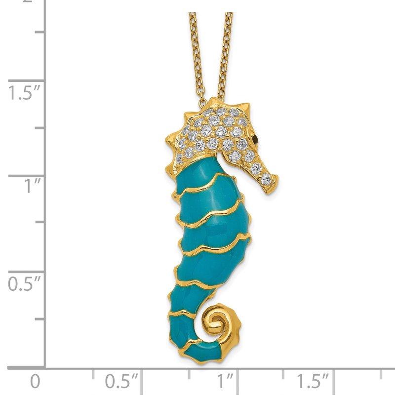 Sterling Silver Gold-plated Enameled Brilliant-cut Black and White CZ Seahorse 18 Inch Necklace
