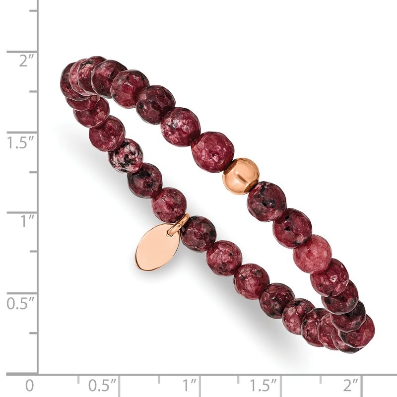 Stainless Steel Polished Rose IP-plated 6mm Red Jade Beaded Stretch Bracelet