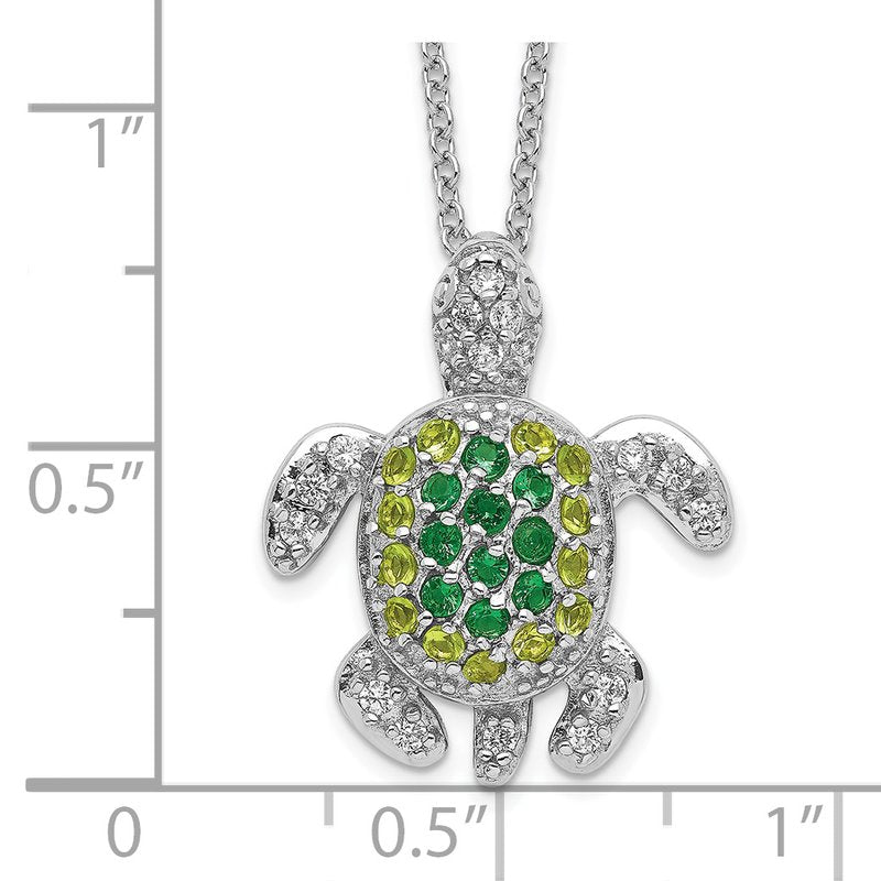 Sterling Silver Rhodium-plated Brilliant-cut Green Glass and Brilliant-cut White CZ Turtle 18 Inch Necklace