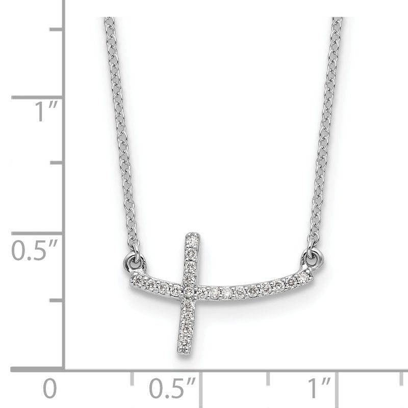 14k White Gold 1/10 carat Diamond Curved Sideways Cross 18 inch Necklace