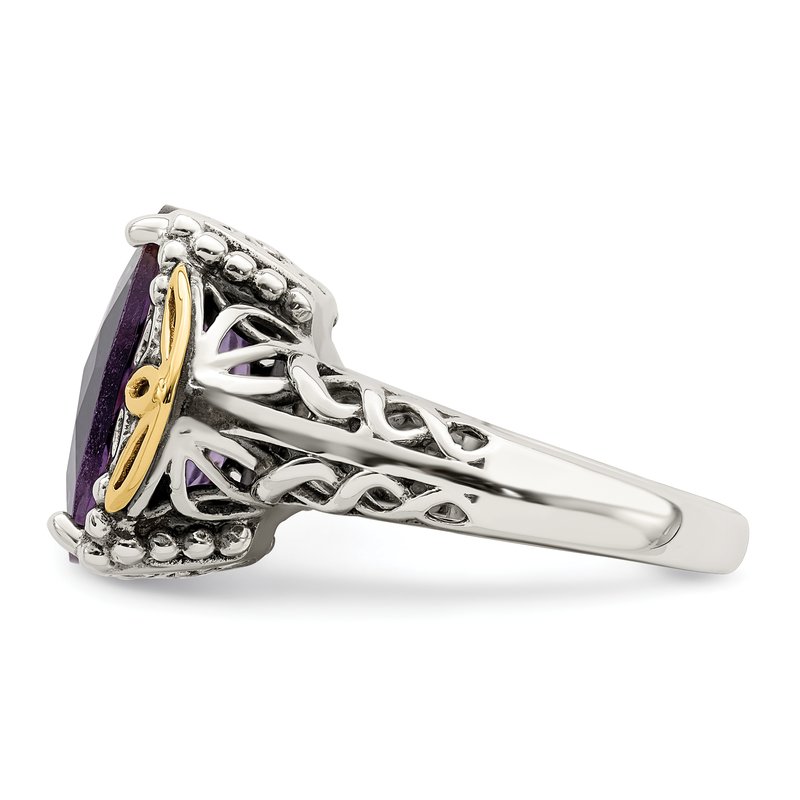 Sterling Silver with 14K Accent Antiqued Cushion Amethyst Ring