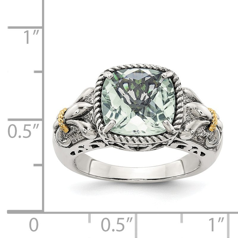 Sterling Silver with 14K Accent Antiqued Cushion Green Quartz Ring