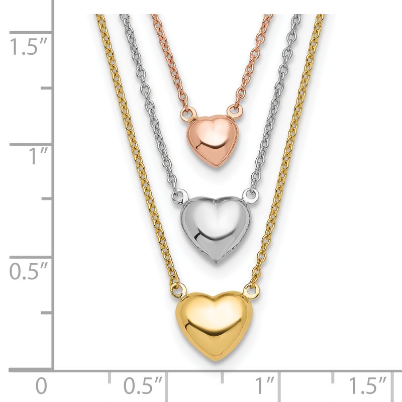 14K Tri-color Three Hearts 16 inch Layered Necklace Plus 1 inch Extender