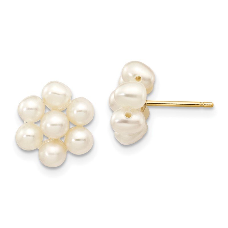 14k 3-4mm White Egg-shape Freshwater Cultured Pearl Flower Post Earrings