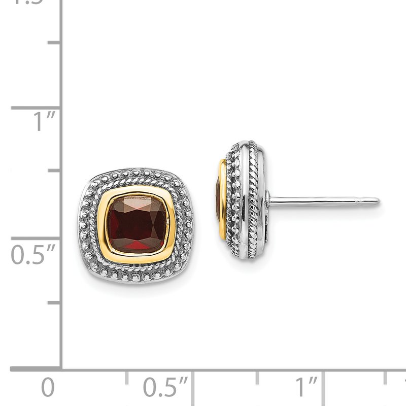 Sterling Silver with 14K Accent Antiqued Cushion Bezel Garnet Post Earrings