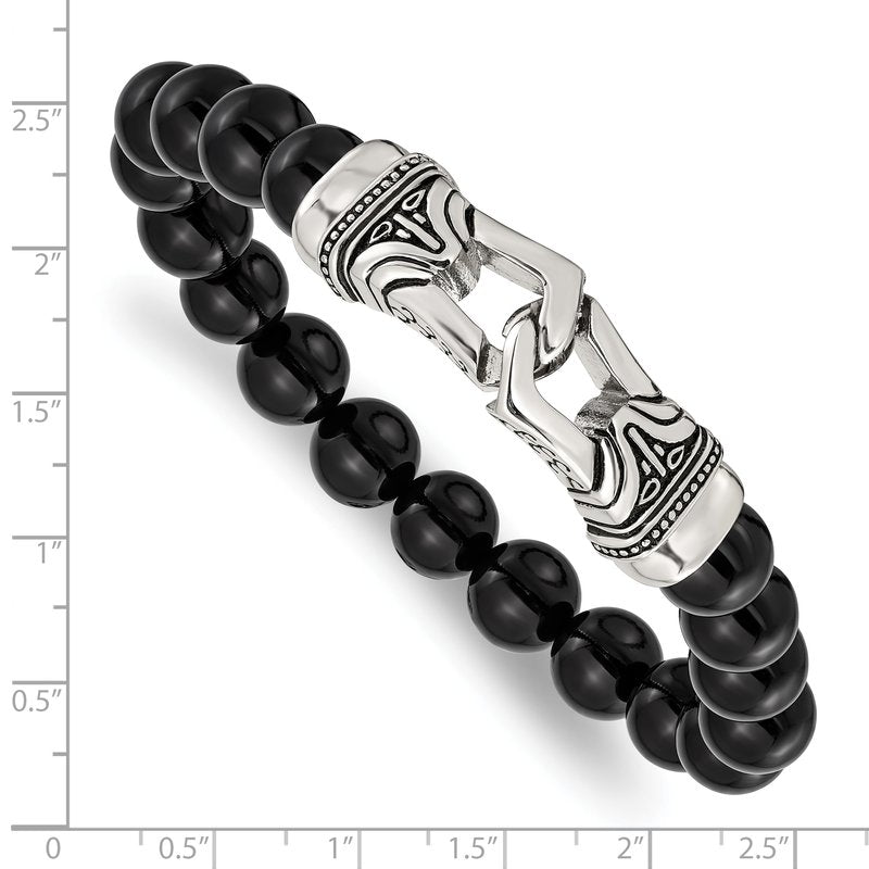 Stainless Steel Antiqued and Polished 10mm Black Agate Beaded Stretch Bracelet