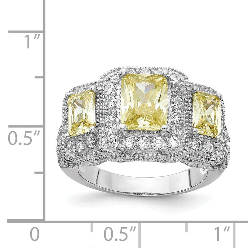 Sterling Silver Rhodium-plated Yellow Radiant-cut and White Brilliant-cut CZ 3 Stone Ring