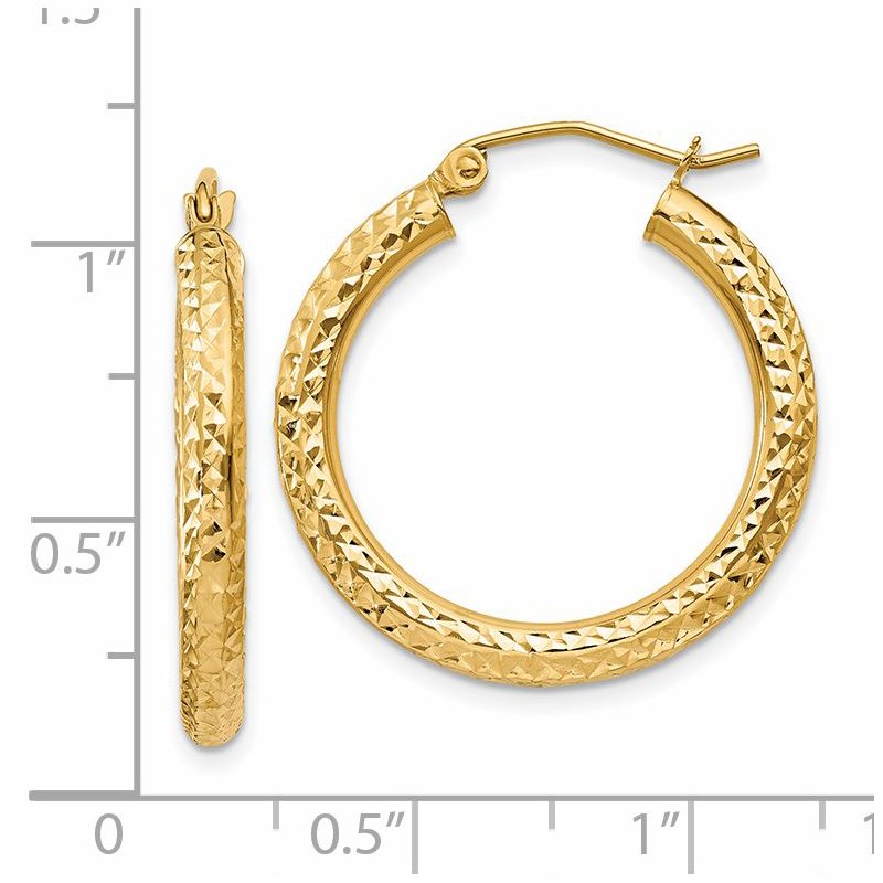 14k Diamond-cut 3mm Round Hoop Earrings
