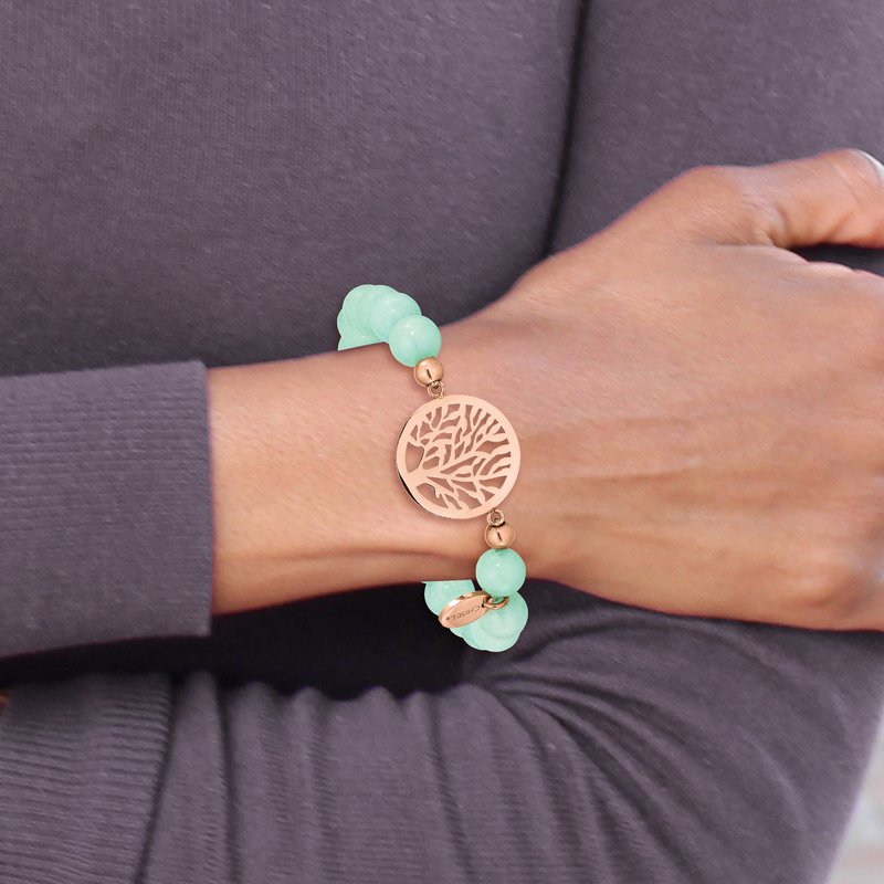 Stainless Steel Polished Rose IP-plated Tree of Life 8mm Green Dyed Jade Beaded Stretch Bracelet