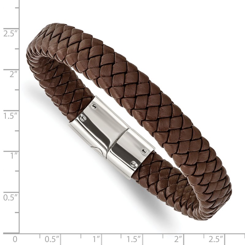 Stainless Steel Polished Brown Braided Leather 8.5 inch Bracelet